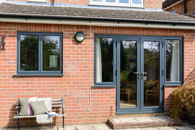 Anthracite Grey aluminium double glazed windows and French doors from the Anglian windows and doors range